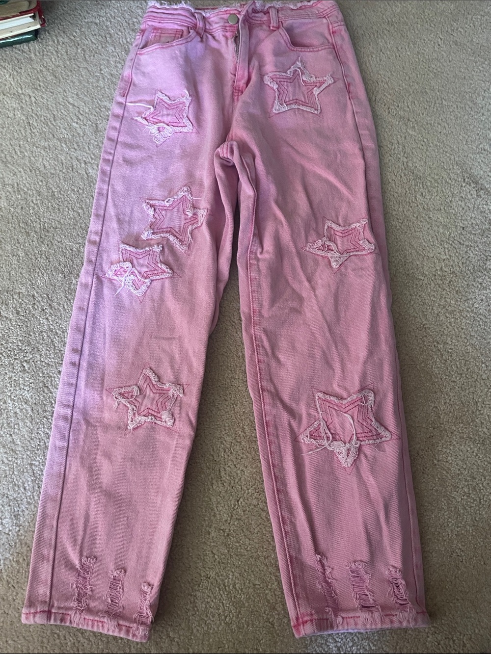 SHEIN Pink Straight-Leg Jeans with Star Patch Detail